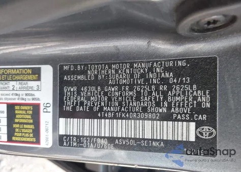 2013 Toyota Camry L/Le/Se/Xle из США, поврежденный, VIN 4T4BF1FK4DR309802